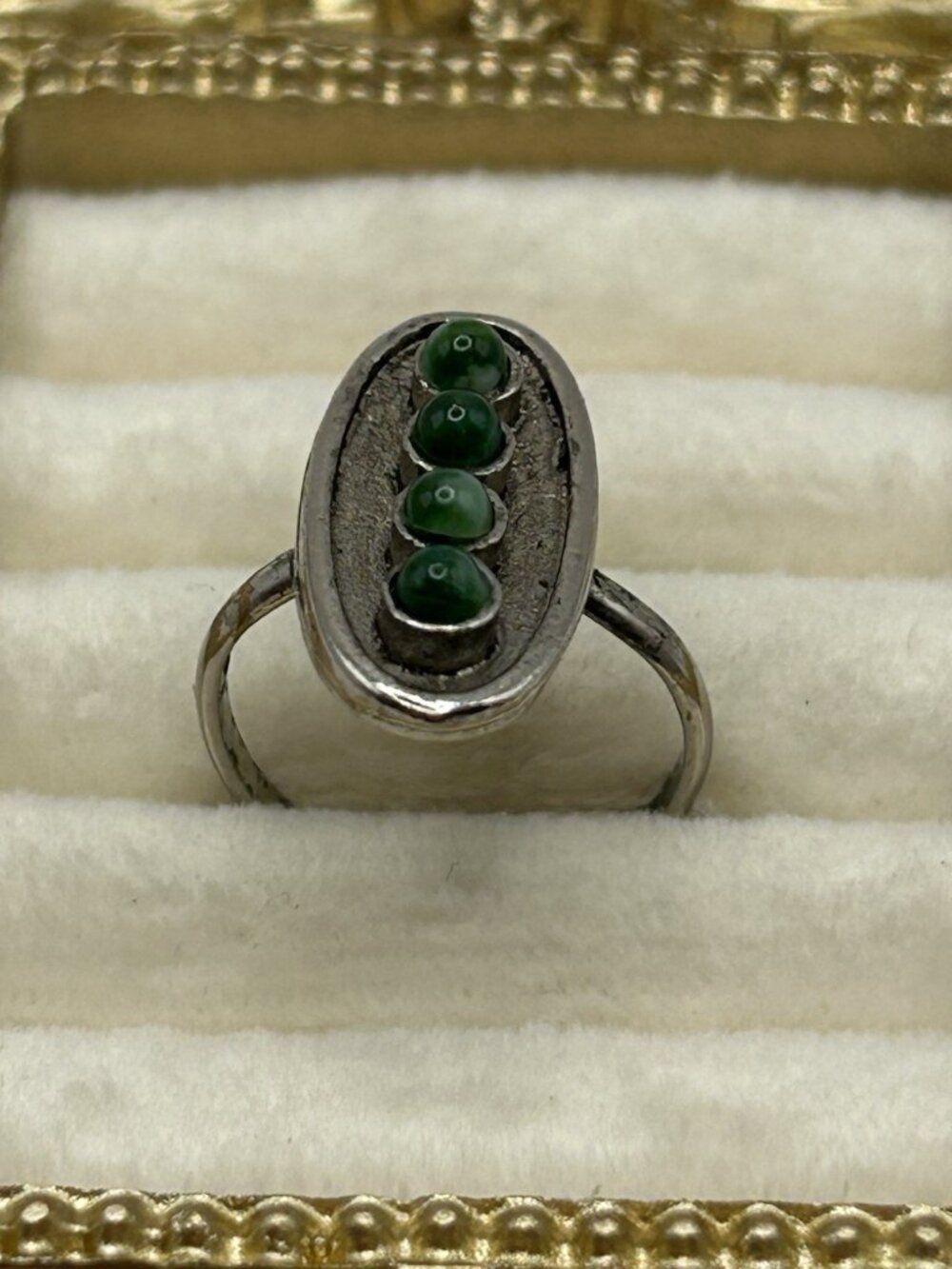 Vintage Silver Tone Green Cabochon Adjustable Ring Size 6 Costume Jewelry Gift - Picture 7 of 11